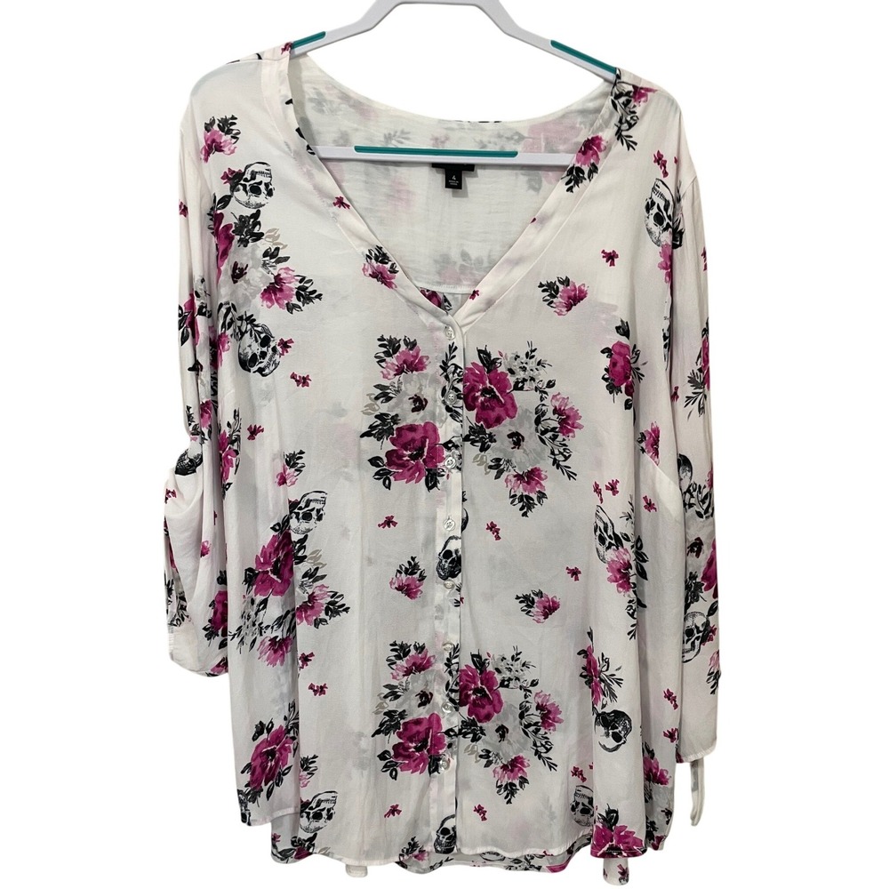 Torrid Womens Size 4X White Pink Floral Skull Button Front Georgette Blouse